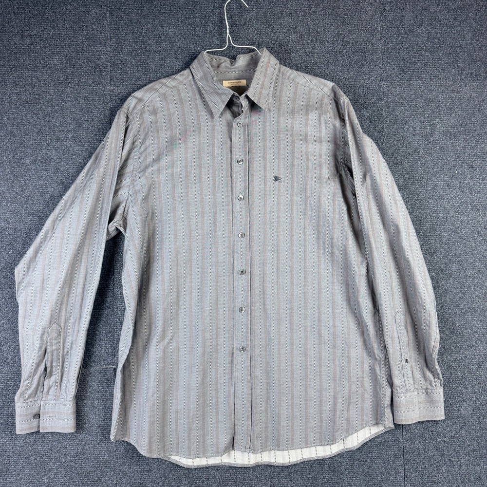 Burberry London Mens Grey Brown Striped Cotton Button Down Shirt Made in UK XL